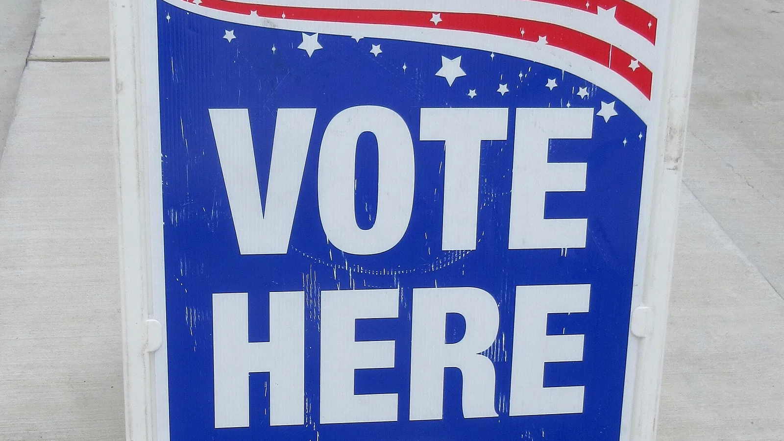 A "Vote Here" sign outside a polling place. The picture was not taken in Lake County.